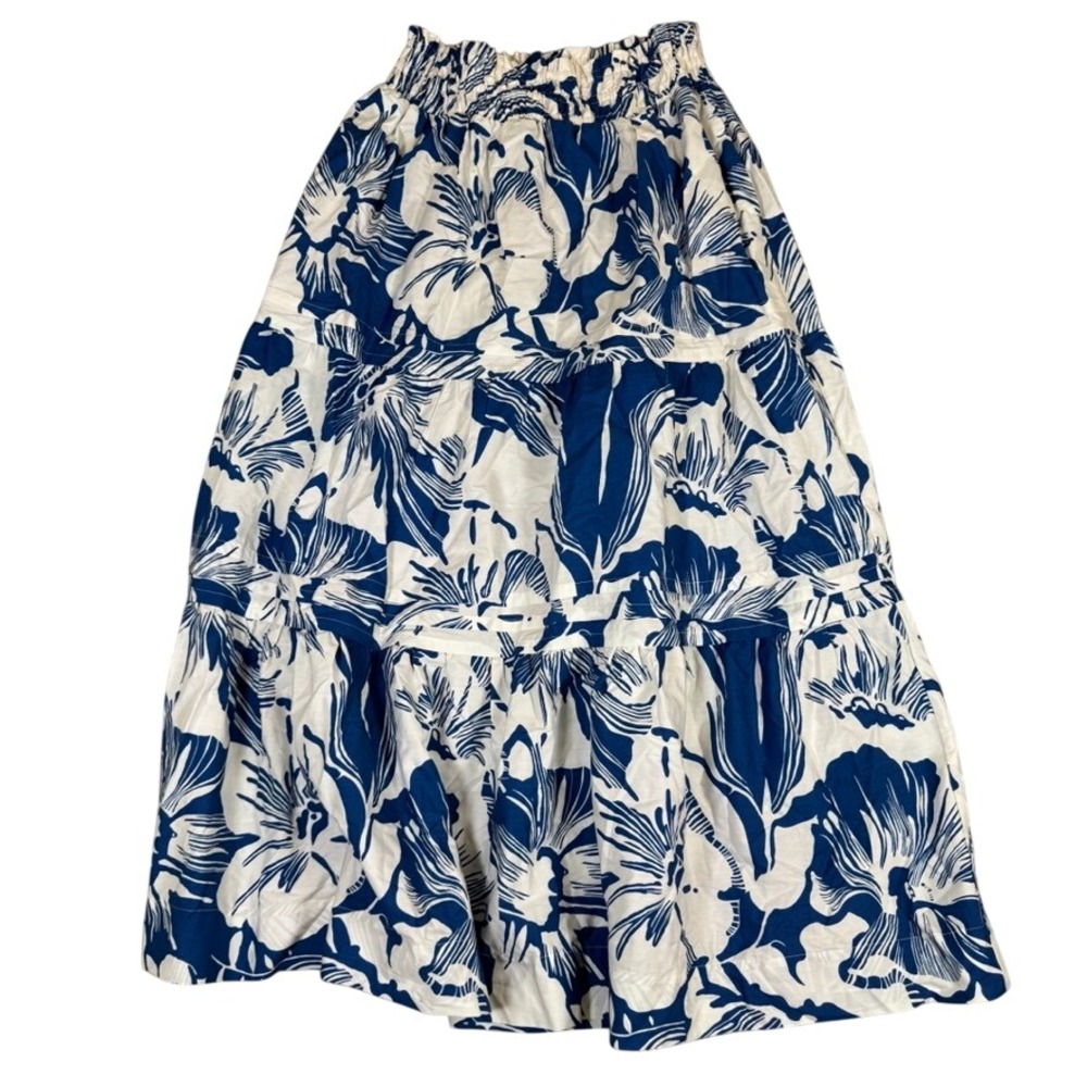 Anthropologie Blue White Floral Tiered Maxi Skirt Cotton Smocked Waist XS